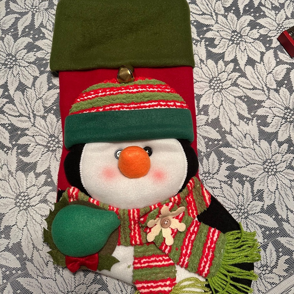Festive Penguin Christmas Stocking - Green and Red